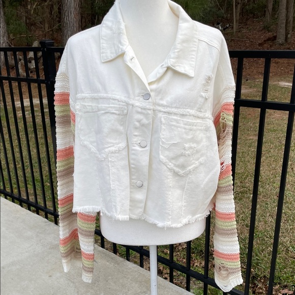 POL Jackets & Blazers - POL White Denim Distressed Jacket Multicolor Striped Crochet sleeves -NWOT